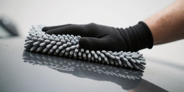 Person wearing a black glove wiping and cleaning a grey car with a microfiber wash mitt for detailing and maintenance