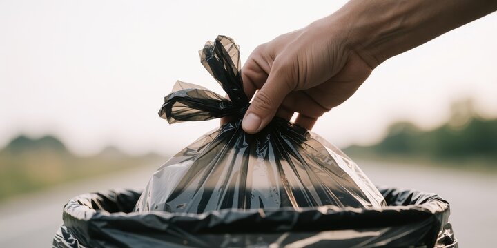 Person throwing away a black garbage bag into an outdoor bin, representing waste management and recycling concepts for environmental cleanup