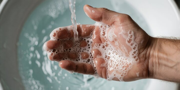 Close up of an adult man washing his hands with soap and water over a basin for hygiene and health protection