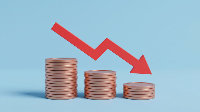 Coins stacked decrease with red arrow showing falling value. Finance investment recession crisis. money budget saving expense, value reduction down decayed, risk loss