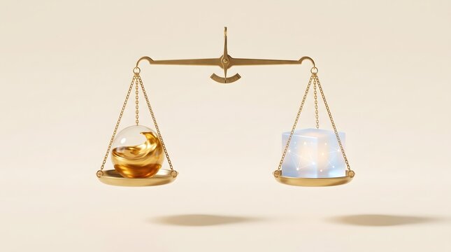 Brass scale balances golden liquid sphere, Glass ice cube presents contrasting option, Minimal beige background highlights clean trade, Strategic choice decision measures equal value