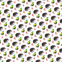 Seamless cute autumn pattern with isolated hedgehogs and green apples on transparent background © Art For Your Soul