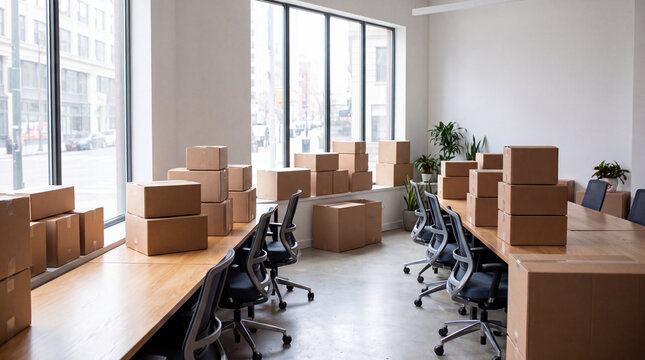 Empty modern office filled with cardboard boxes, desks, and office chairs during a relocation or move.