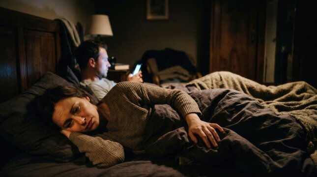 Sad woman lying in bed while partner uses a smartphone in the dark, illustrating relationship problems and emotional isolation for mental health and social media addiction awareness.