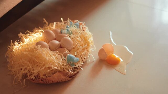 Easter nest with colorful eggs and broken eggshell