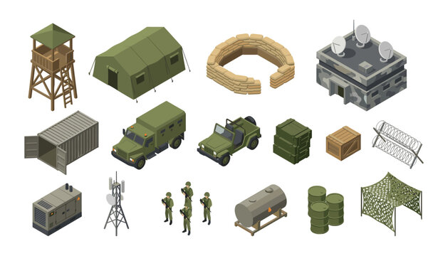 Isometric Military Base Vector Icon Set Featuring Army Camp Tent Watchtower Armored Vehicles Soldiers Fortifications and Camouflage Headquarters Assets