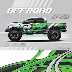 Truck decal, cargo van and car wrap vector. Monster truck graphic featuring a pickup with a bold green, black, and white decal design for wrap vehicles, race cars, cargo vans, trucks and livery. © zoulgraphic