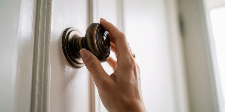 Close up of a young adult Caucasian woman hand turning a vintage bronze doorknob on a white panel door concept of opening and entering a room