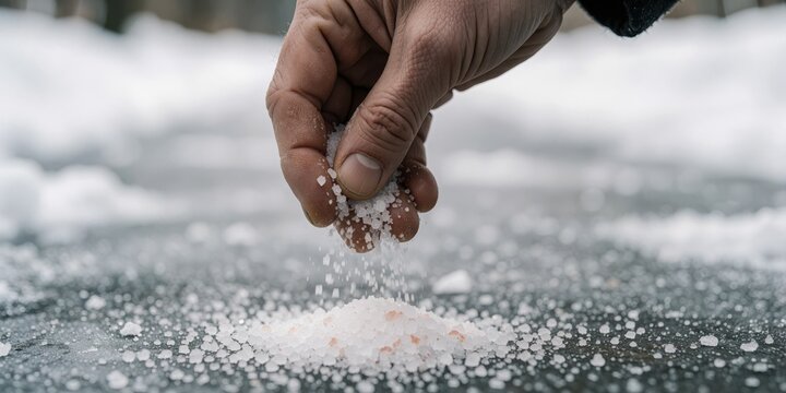 Person sprinkling rock salt on icy pavement during winter to melt snow and prevent slips, concept of safety and maintenance