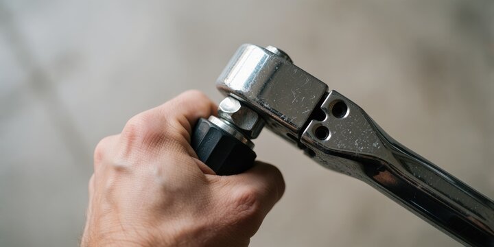 Close-up of a mechanic adjusting a torque wrench in a workshop, concept of precision tool and automotive repair work
