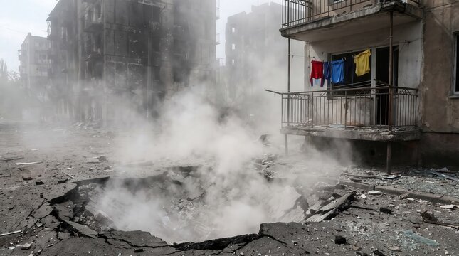 Destroyed city street with large smoking crater and damaged apartment buildings, capturing the devastation of urban warfare and civilian impact for news reporting and humanitarian aid campaigns.