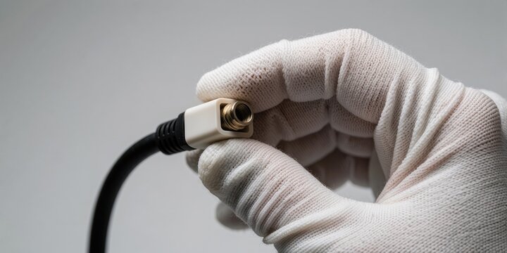 Gloved hand holding a specialized audio cable connector with a threaded metal jack for professional sound equipment