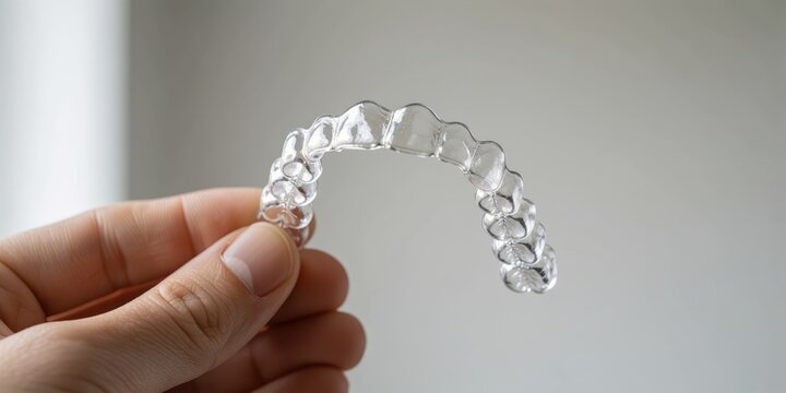 Clear aligner dental brace held in hand for orthodontic teeth straightening treatment concept