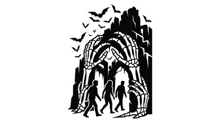 Fototapeta premium Spooky skeleton hands framing terrified people escaping haunted cave surrounded by flying bats