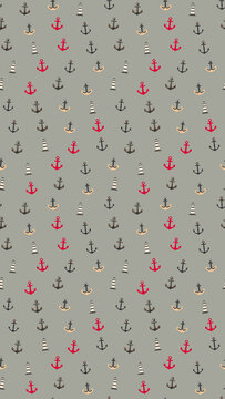 Nautical pattern with anchors and lighthouses