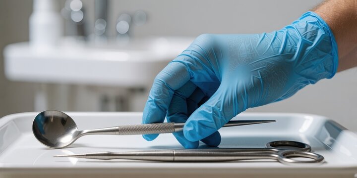 Gloved hand picking up a dental mirror from a tray with medical instruments in a clinic