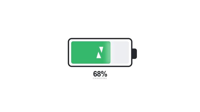 Battery Charging Animation from 0 to 100 Percent on White Background, Clean Minimalist Battery Level Indicator, Charging Progress, Power and Energy Concept