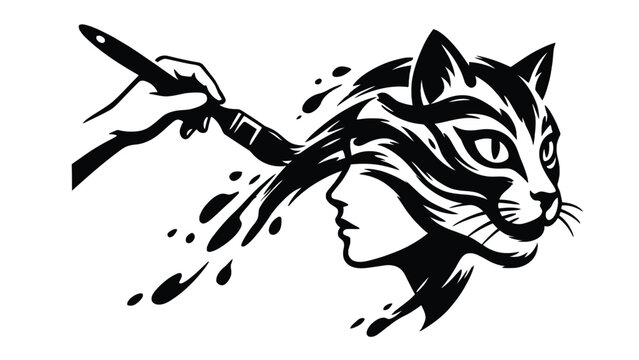 Artistic hand painting a woman face transforming into sleek black cat illustration using brush strokes