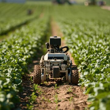Small weeding robot traversing vegetable crop rows in a sunny agricultural farm setting