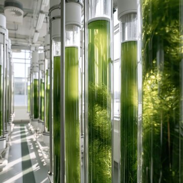 Algae bioculture facility with efficient vertical reactor configuration