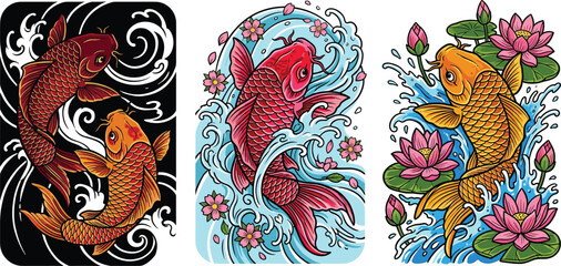 Obraz premium Japanese Koi Fish Illustration Set with Colorful Carp, Ocean Waves, Lotus Flowers, and Cherry Blossoms for Tattoo, Poster, Print, Textile, and Decorative Designs