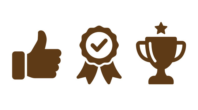 Set of success and achievement icons including thumbs up trophy and certification seal with achievement thumbsup certification approval positive feedback business champion