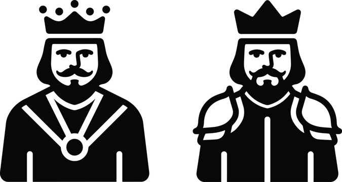 King Character Silhouette Icon Set with Crown, Beard, Medallion, and Armor for Royal and Medieval Designs