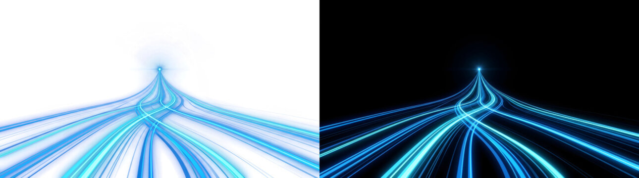Perspective light speed lines burst outward from a bright vanishing point ideal for technology backgrounds, PNG, Transparent and Black Background Versions