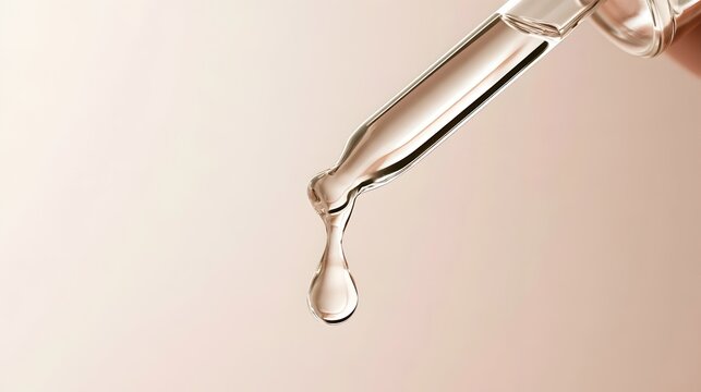 white background cosmetic liquid gel drop from dropper on beige background 3d rendering suitable for skin care serum moisturizer anti aging essence Stock Illustration