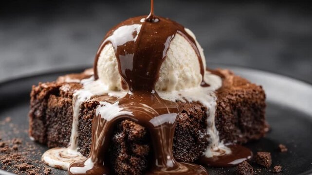 Decadent chocolate brownie topped with creamy vanilla ice cream and rich chocolate sauce, served on a dark plate with chocolate shavings, indulgent gourmet dessert, close-up food photography