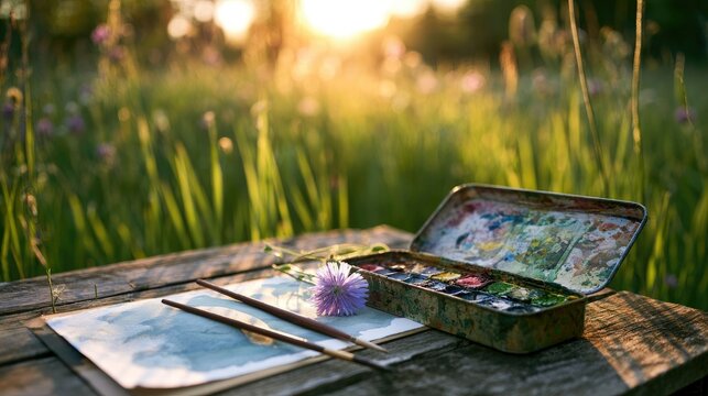 Watercolor painting set with brushes and paper on a wooden table outdoors during sunset.