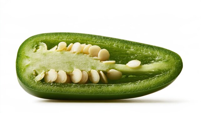 A single fresh green jalape?o chili pepper sliced in half lengthwise, showing internal seeds and light green flesh, isolated on white