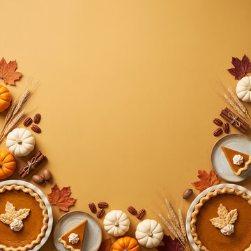 Autumn thanksgiving border with pumpkin pies and fall leaves on a warm yellow background for seasonal design