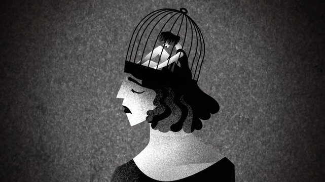 woman with a cage inside her head containing a smaller woman trapped within