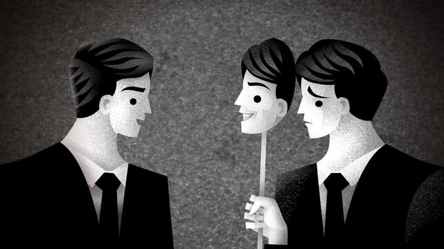 office worker with impostor syndrome wearing a mask while talking to a coworker