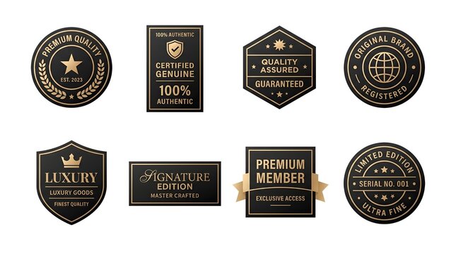 Luxury gold premium quality badges set, vintage black guarantee labels, elegant certified original brand emblem stamps for luxury packaging design