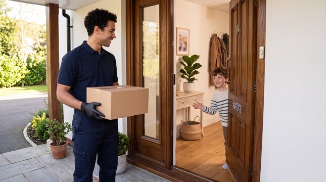 Delivery courier handing a cardboard package to a smiling woman at the entrance of a home.