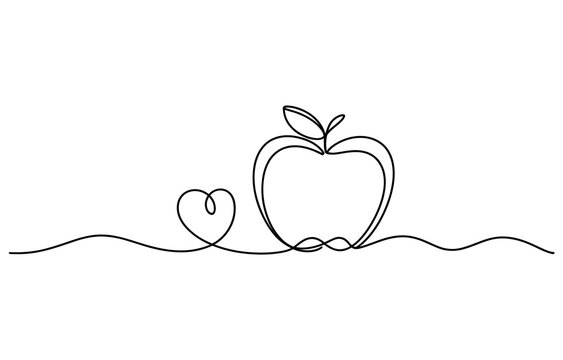 Continuous single line drawing of an apple and a small heart shape icon Vector, illustration