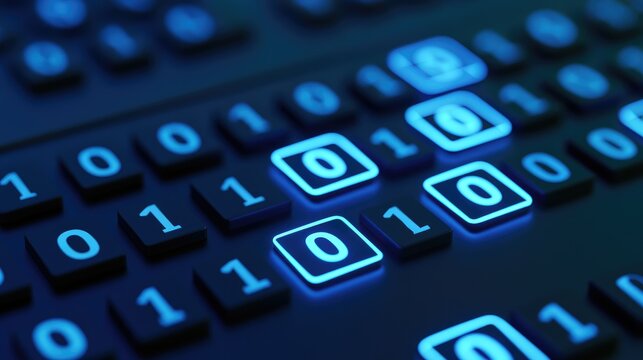 Digital binary code glowing on a dark keyboard surface.