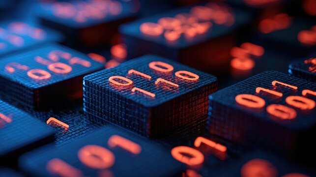 Abstract digital background with glowing binary code on dark cubes.
