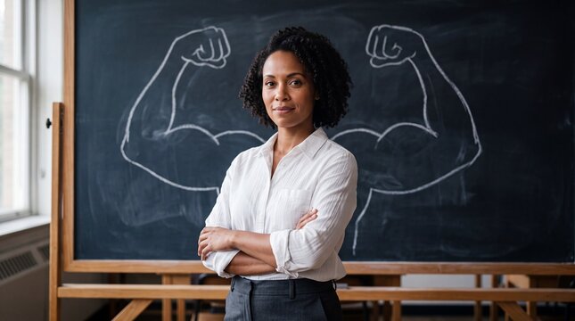 Confident female teacher standing in a classroom with a chalkboard drawing of flexed arms symbolizing strength, empowerment, and leadership.