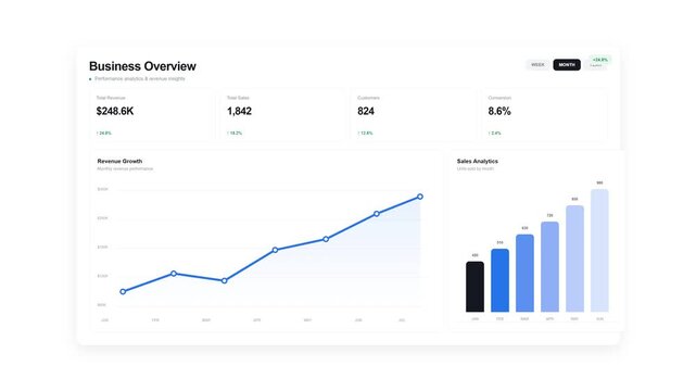 Business Statistics Animation on White Background, Business Overview Dashboard, Total Sales, Revenue Growth, Financial Analytics, Performance Metrics and Data Visualization