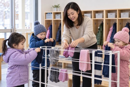 Asian preschool teacher assisting children with drying wet mittens indoors. kindergarten kids learning. concept of early childhood education, helpfulness, and seasonal care