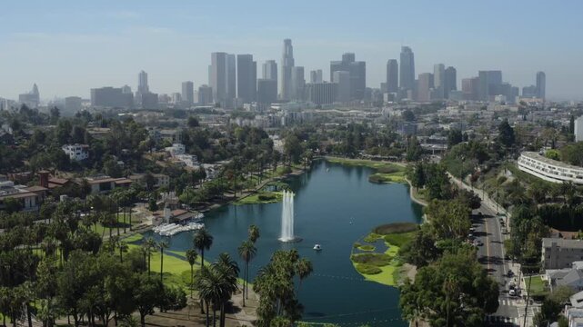 Echo Park Aerial Jib Up Reveal to the Los Angeles Skyline
