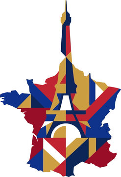 Colorful map of france with iconic eiffel tower silhouette and abstract geometric pattern fill france vector paris landmark country map design