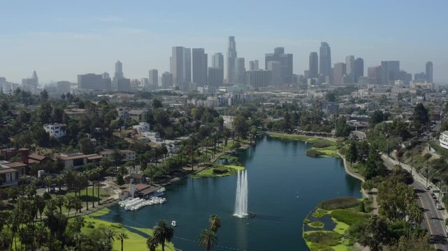 Los Angeles Skyline Dolly Back Wide Reveal Over Echo Park