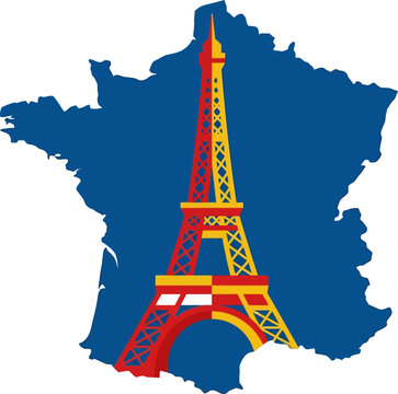 Blue map of france overlayed with colorful detailed eiffel tower illustration on white background france vector paris landmark country map