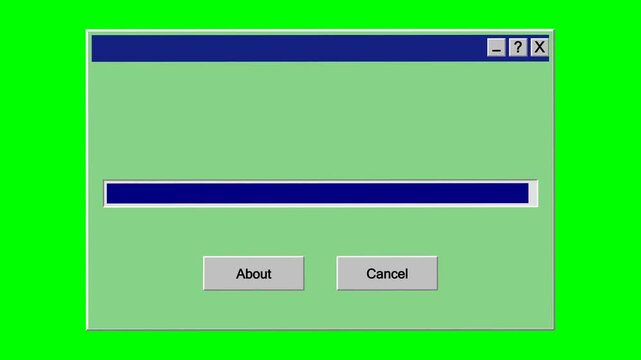 Retro vintage operating system loading progress bar window dialog on green screen