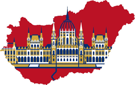 Outline map of hungary filled with an illustration of the hungarian parliament building parliament budapest landmark architecture government
