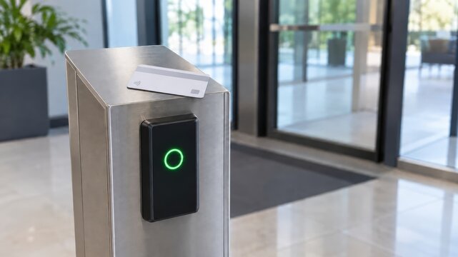 Access card beside electronic reader at secure office entrance. Contactless entry system, building security and employee access control concept
